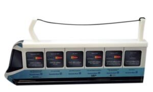 Tram-shaped tombstone commemorating six transactions