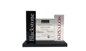 Custom crystal rectangle recognizing legal advisory work in an acquisition by Blackstone Real Estate.